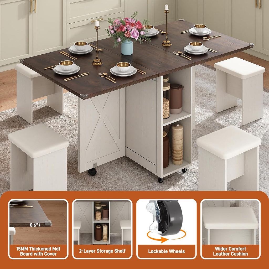 5 PCS Farmhouse Dining Table Set for 4,60' Large Folding Dining Table Set w/ 4 Leather Chairs, Drop Leaf Foldable Kitchen Table for Small Spaces,Barn Door Design,6 Wheels,2-Layer Storage Shelf,Brown