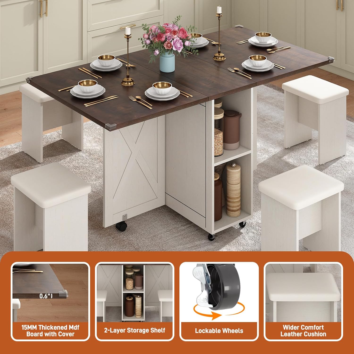 5 PCS Farmhouse Dining Table Set for 4,60' Large Folding Dining Table Set w/ 4 Leather Chairs, Drop Leaf Foldable Kitchen Table for Small Spaces,Barn Door Design,6 Wheels,2-Layer Storage Shelf,Brown