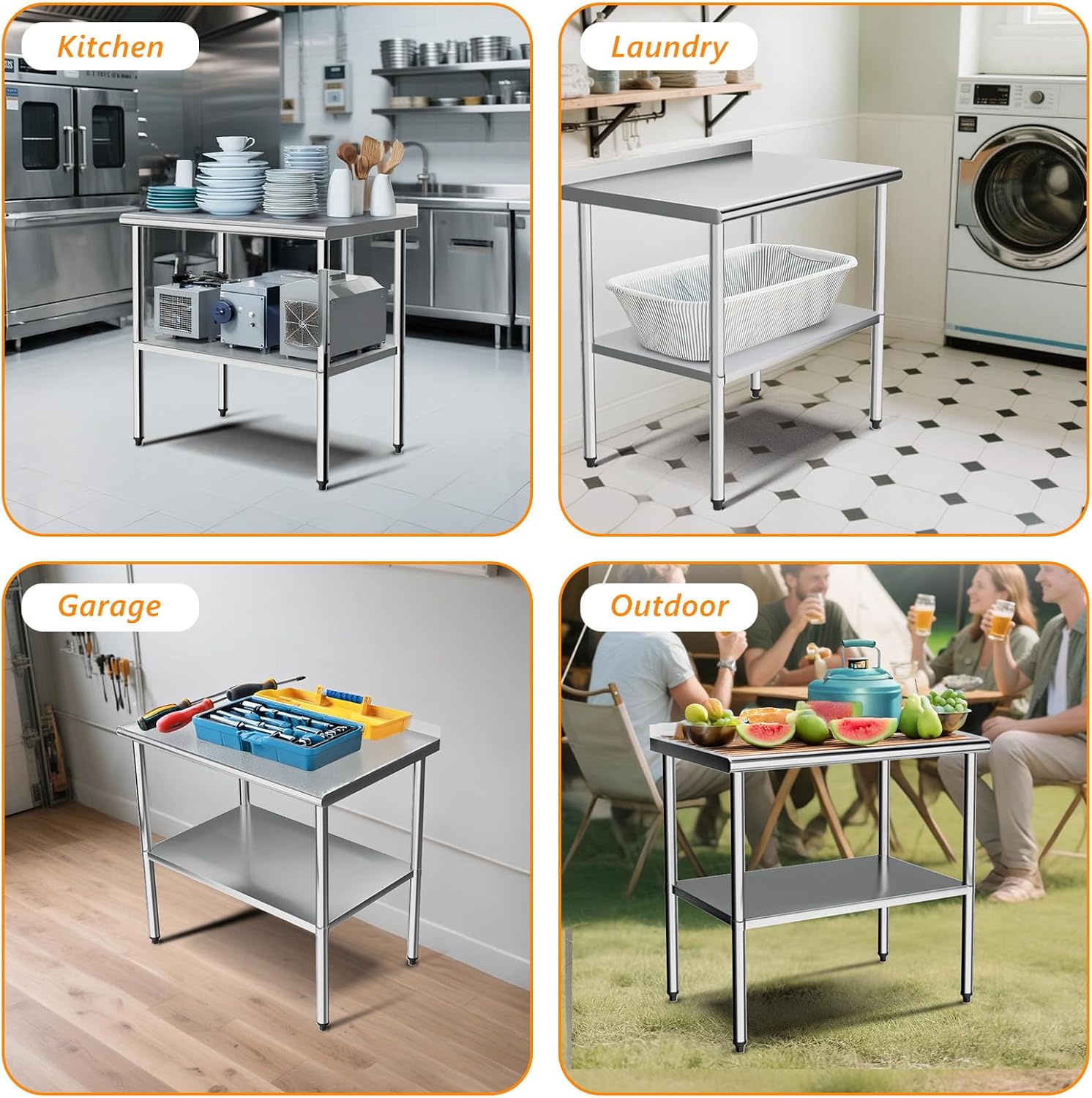 ROVSUN 36'' x 24'' Stainless Steel Table for Prep & Work,Commercial Worktables & Workstations, NSF Heavy Duty Metal Table with Adjustable UnderShelf & Backsplash for Kitchen, Restaurant,Home,Hotel