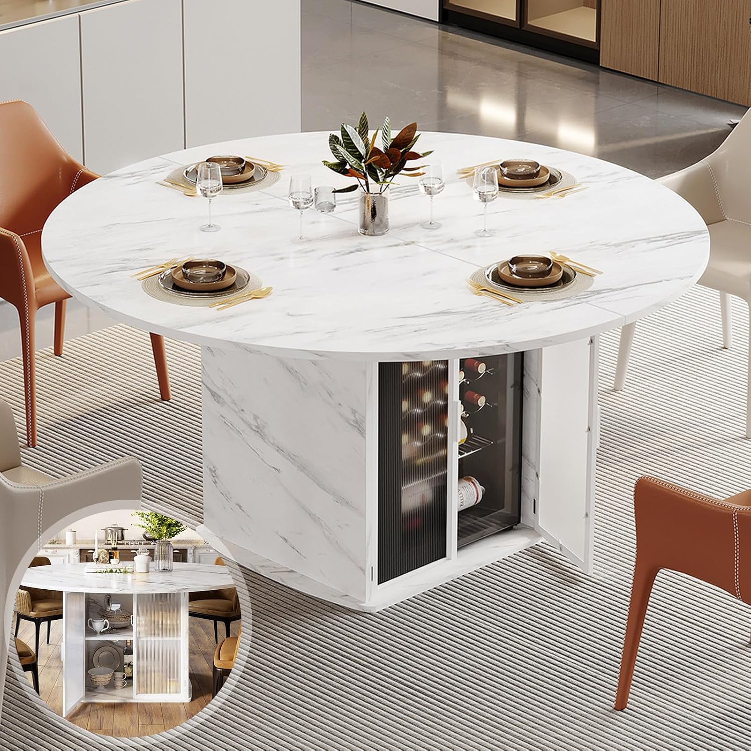 IBF 47' Round Dining Table with Storage, White Faux Marble Kitchen Tables for 4-6 People, Modern Dining Room Table with Fridge Space, Wood Circle Dinner Tables for Home, White Marble, Only Table