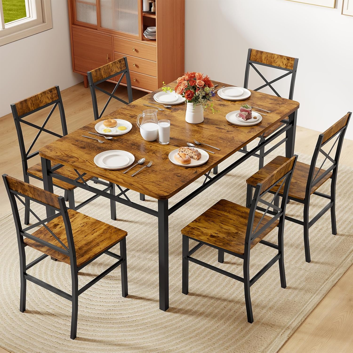Zevemomo 7-Piece Dining Table Set, Kitchen Table Chairs Set of 6, Dining Room Sets for 6, Farmhouse Dining Table Set with 6 X-Shaped Curved Backrest Chairs, for Kitchen & Living Room-Rustic Brown