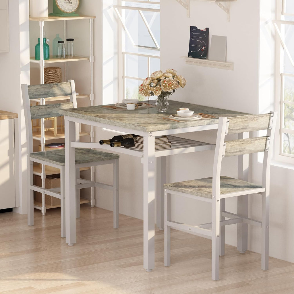 Hooseng 3 Piece Dining Table Set for 2, Small Wooden Kitchen Table with Storage, Farmhouse Square Dinette Set for Dining Room, Breakfast Nook, Apartment, Small Space
