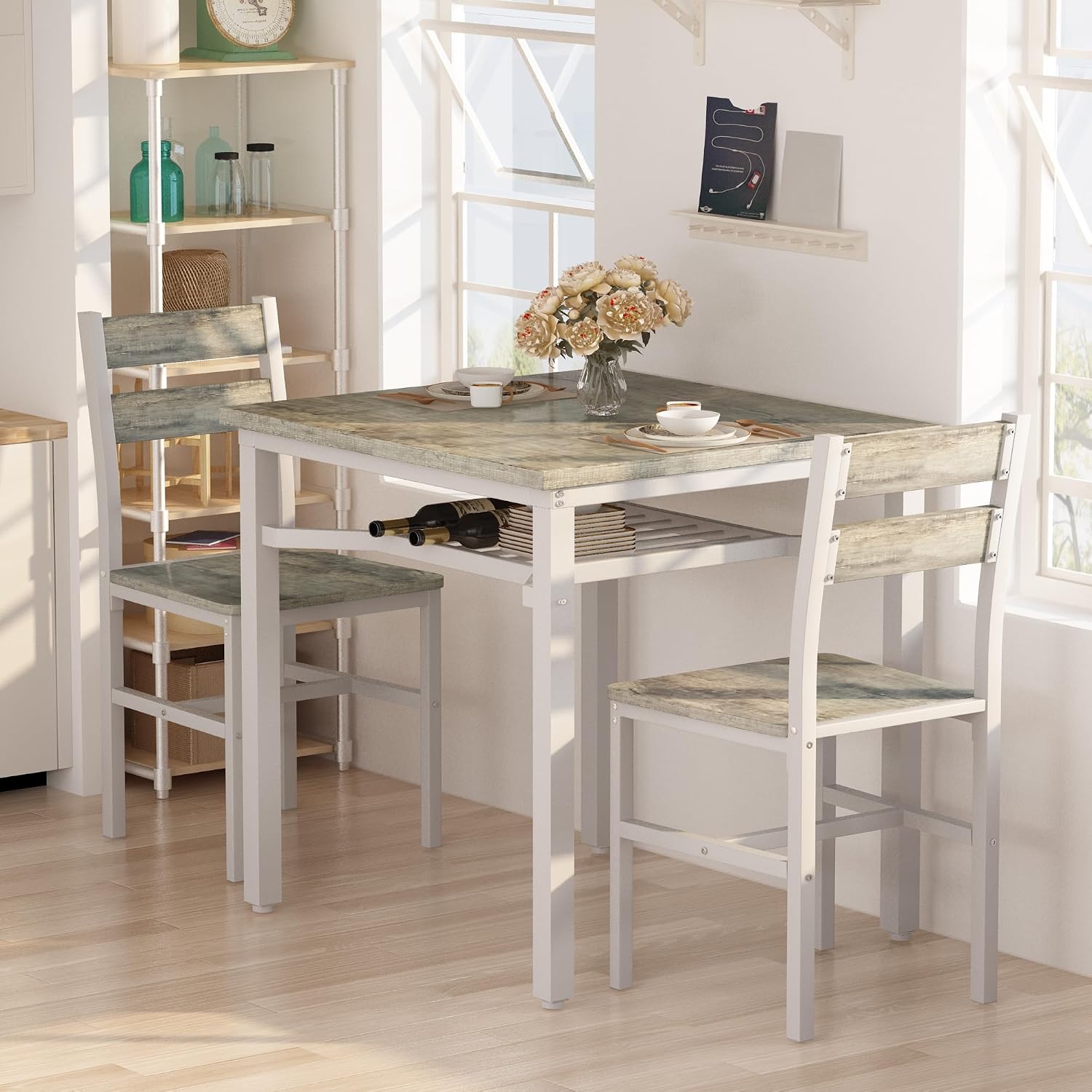 Hooseng 3 Piece Dining Table Set for 2, Small Wooden Kitchen Table with Storage, Farmhouse Square Dinette Set for Dining Room, Breakfast Nook, Apartment, Small Space