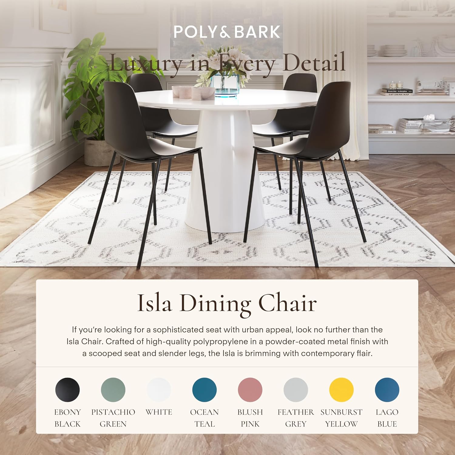 Poly & BARK Isla Modern Kitchen Chairs Set of 4 - Plastic Dining Chair with Metal Legs - Quick Assembly Simple Cafe Chairs Plastic for Indoor or Outdoor - Ebony Black