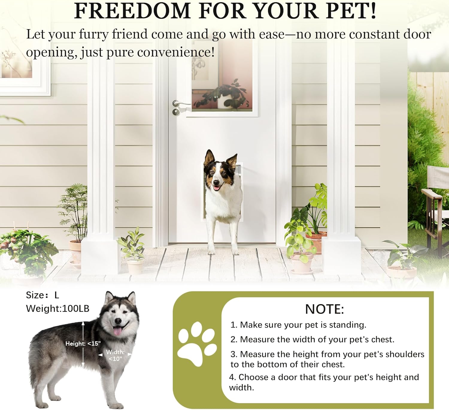 Front Door，32' x 80' 1-Lite Exterior Door with Pet Door, Left-Handed Clear Glass Entry Door, Solid Wood & MDF Construction, Prehung Door Jamb & Threshold Hardware Kit, Waterproof Primer