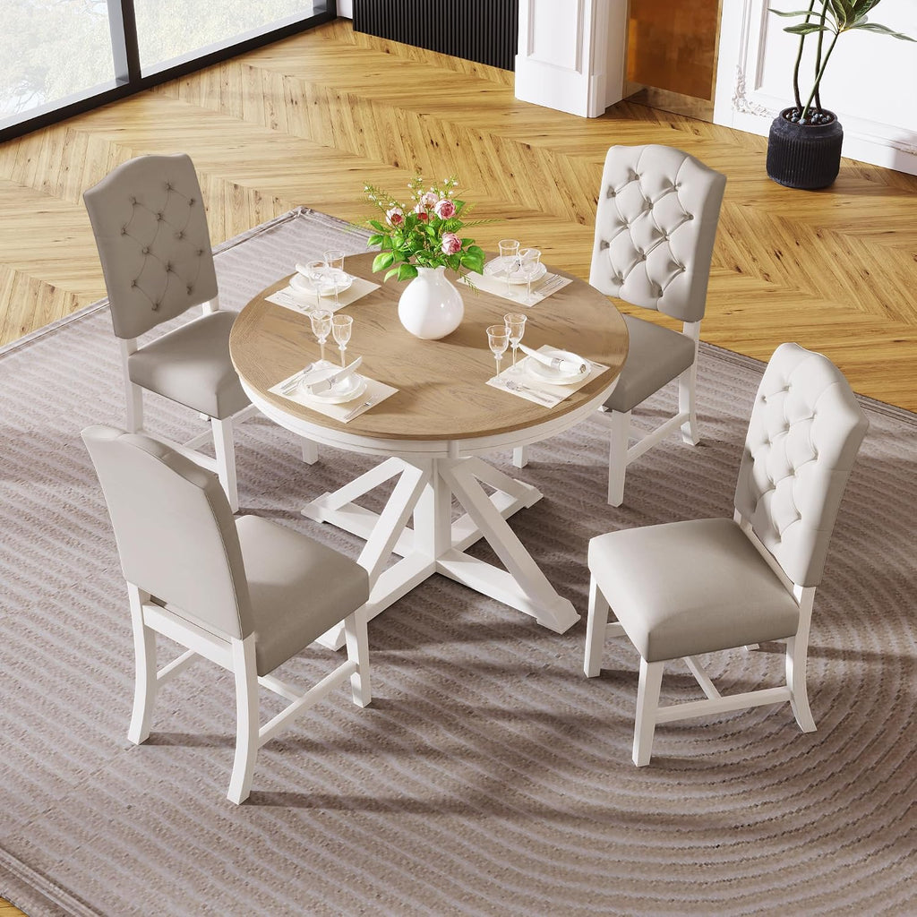 Bellemave Extendable Dining Table Set, 5-Piece Round Table Set with 4 Upholstered Chairs, Oval Kitchen Table Set with Extendable Table (Oak Natural Wood + Off White + Beige Cushions)