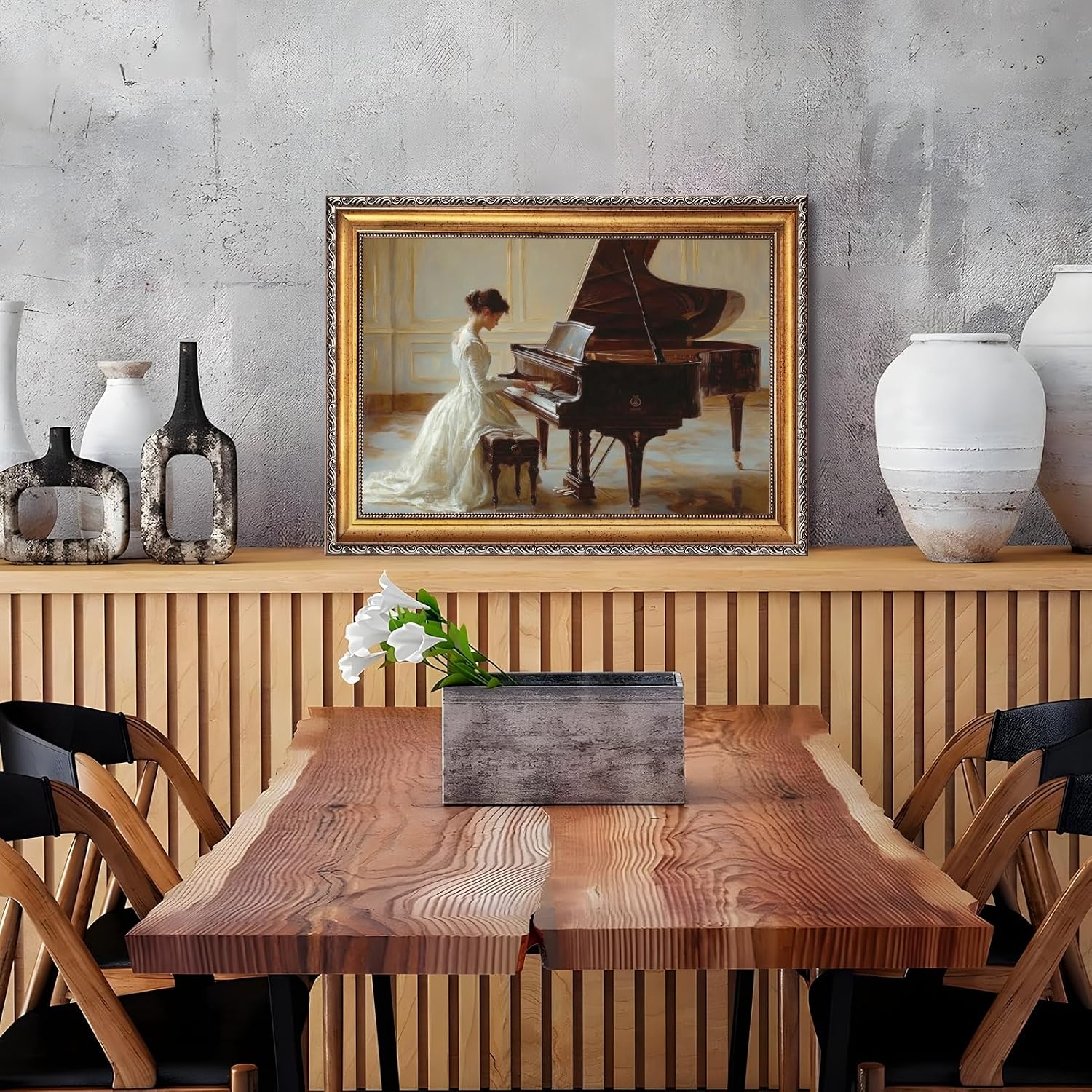 Large Framed Victorian Serenade Oil Painting Wall Art Romantic Woman Playing Piano Canvas Print Vintage Female Poster Elegant Victorian Era Artwork Picture Decor for Bedroom Living Room 24x36inch