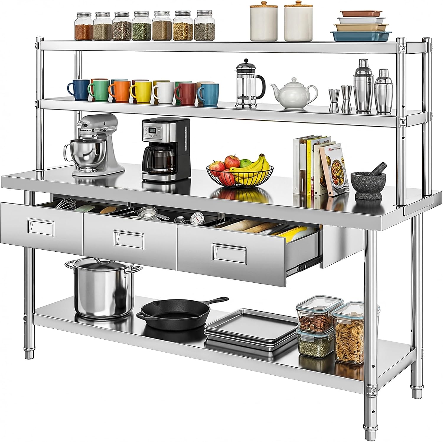 DWVO 72x24in Stainless Steel Table, NSF Metal Prep Worktable with Adjustable Overshelf & 3 Drawers for Kitchen Restaurant Hotel Garage Warehouse Home