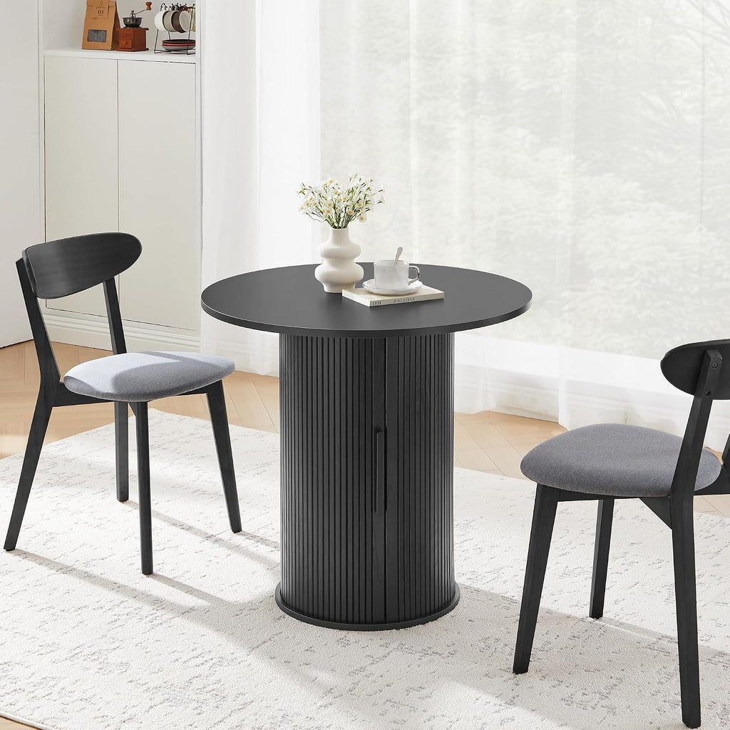 31.5' Round Dining Table for 2-4, Modern Kitchen Table with 2-Tier Storage Shelf, Small Wooden Circle Dining Tables with Fluted Base for Home Dining Room Living Room (Black)