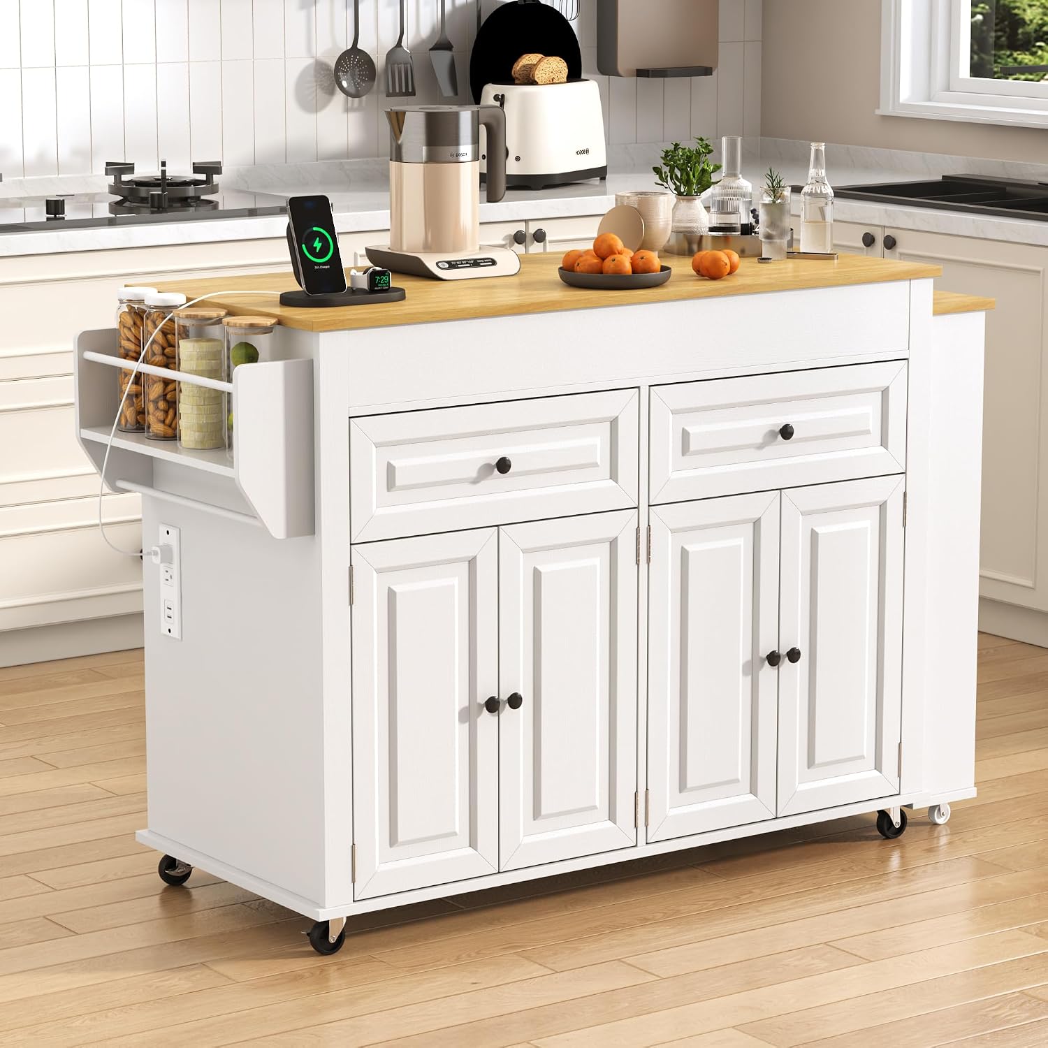 80'-48' Extendable Kitchen Island with Extended Dining Table and Power Outlet,Large Mobile Kitchen Storage Islands with 2 Storage Drawers,Rolling Islands Cart with 3 Extra Rows Open Shelves(White)