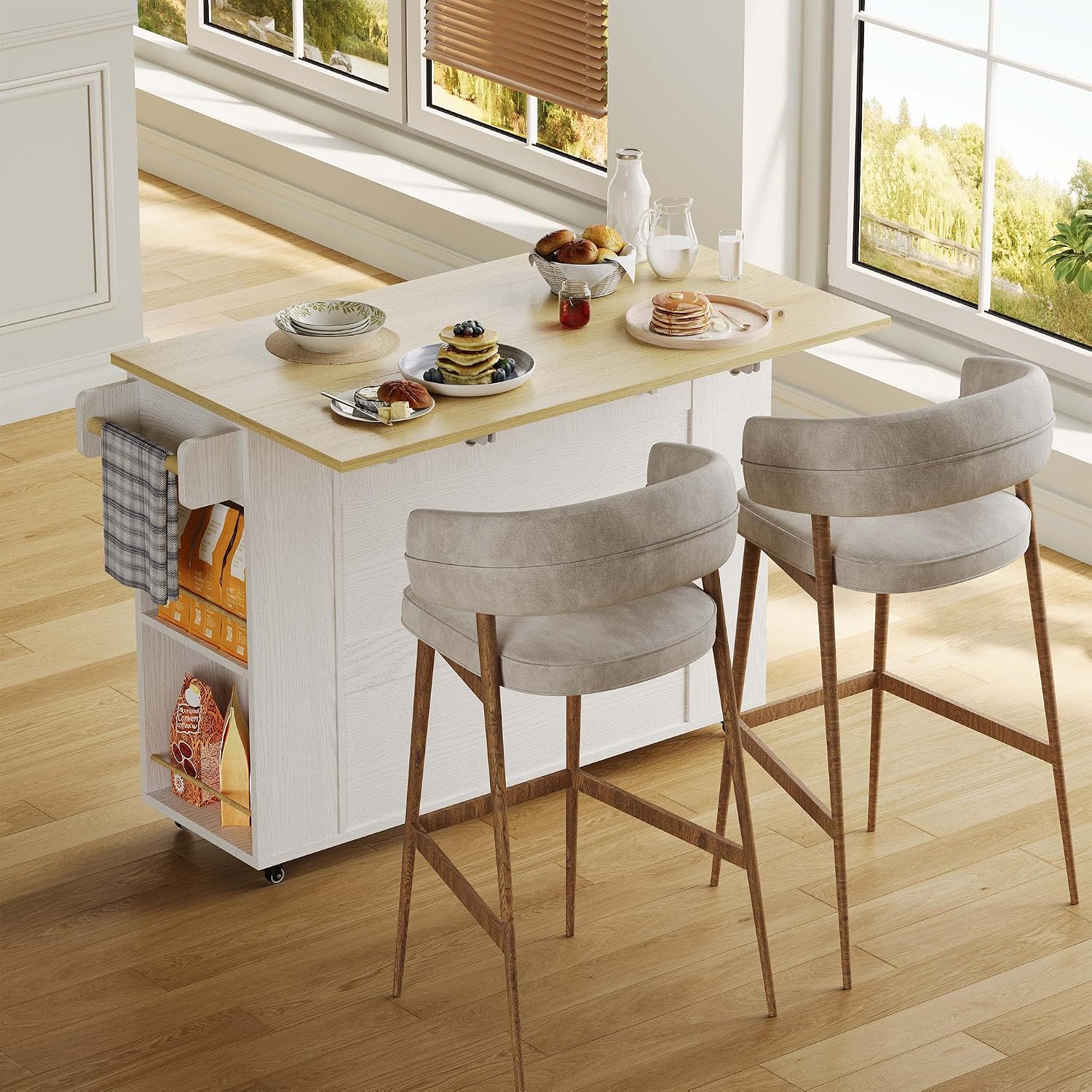 IRONCK Kitchen Island with Storage, 47.2in Rolling Island on Wheels, Kitchen Cart with Drop Leaf, Drawer and Towel Rack for Home, Dining Room