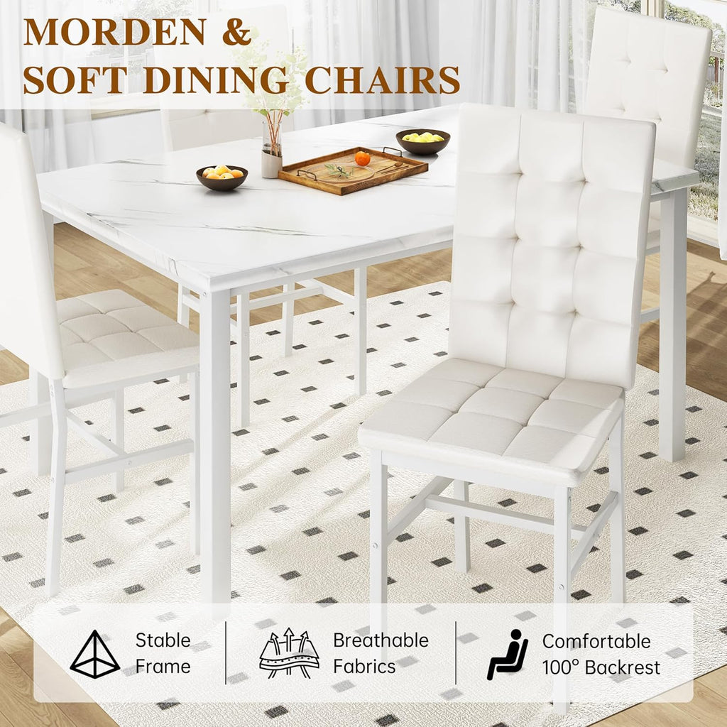 AWQM Dining Table Set for 4,Faux Marble Kitchen Table and Chairs Set of 4, Modern Dining Room Table Set for 4,Dinner Table with 4 Leather Chairs, Dinette Set for Small Spaces,White
