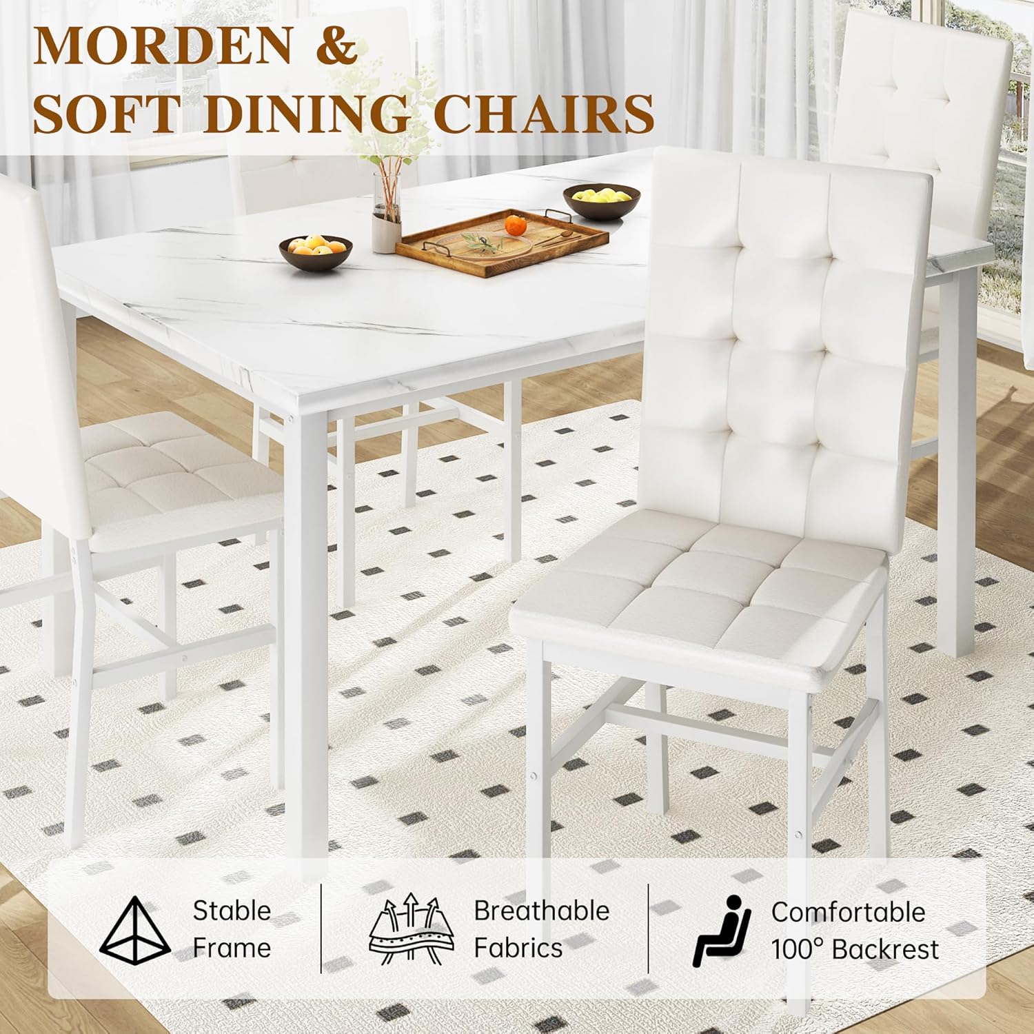 AWQM Dining Table Set for 4,Faux Marble Kitchen Table and Chairs Set of 4, Modern Dining Room Table Set for 4,Dinner Table with 4 Leather Chairs, Dinette Set for Small Spaces,White