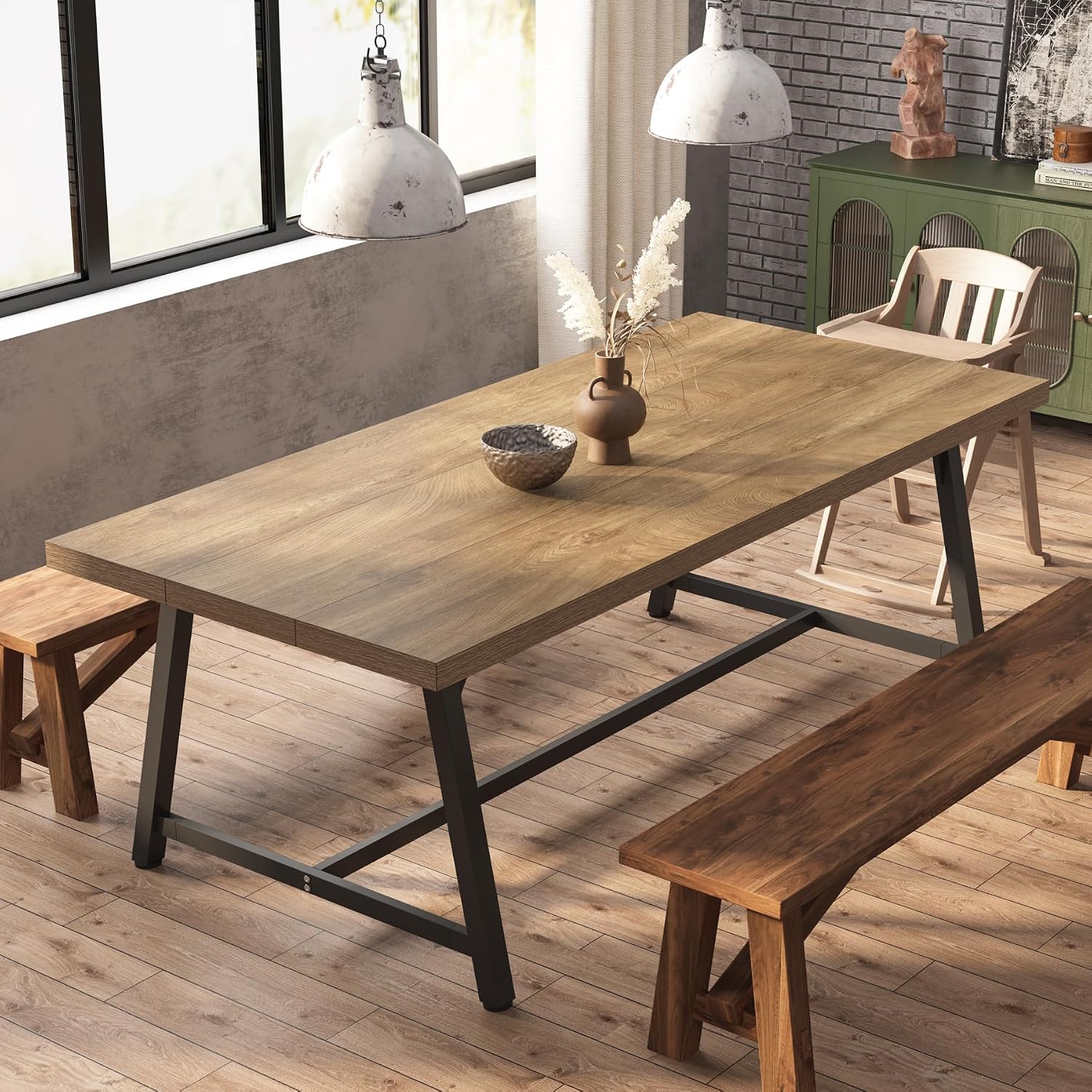 Tribesigns Dining Table for 8 People, 70.87-inch Rectangular Wood Kitchen Table with Strong Metal Frame, Vintage Large Long Dining Room Table for Big Family (Yellow Brown)