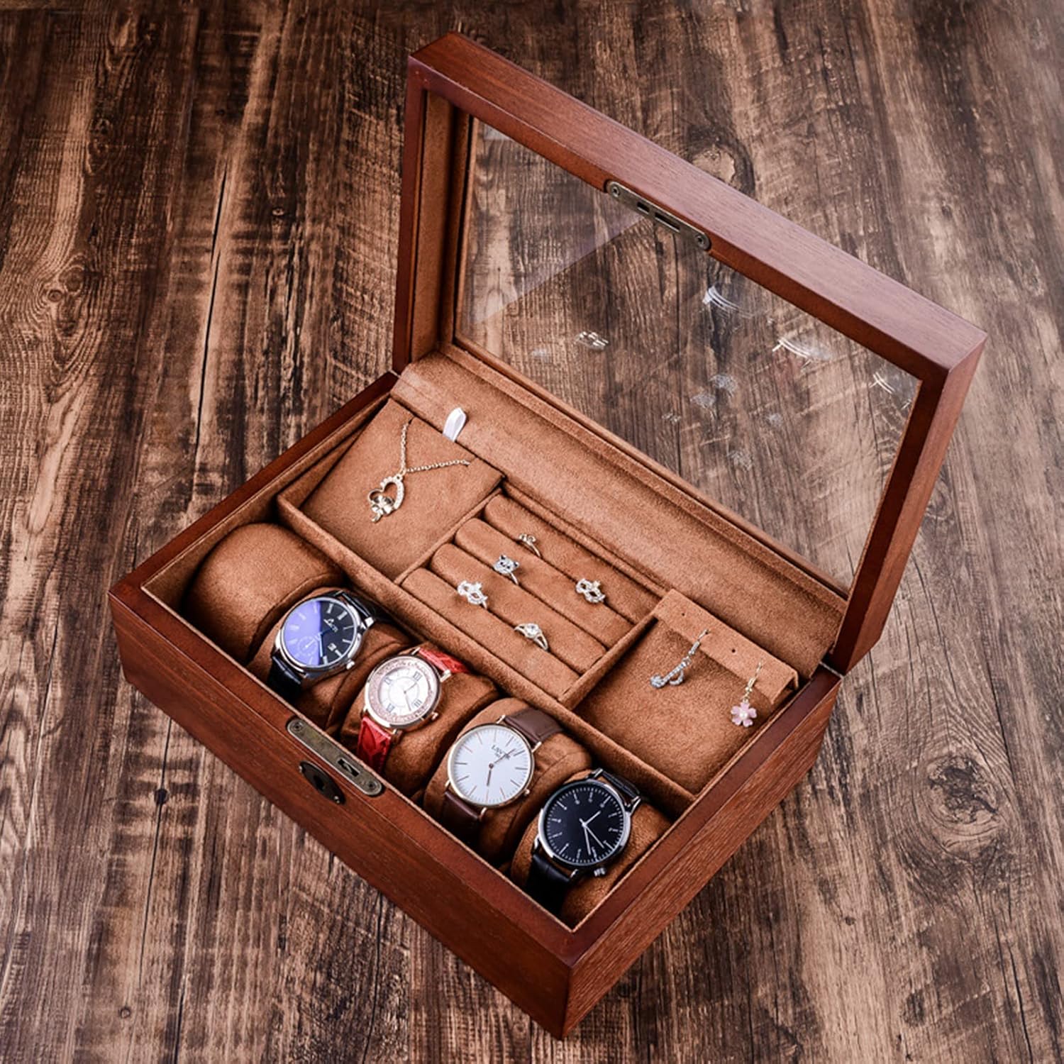 MARURY Wooden Watch Jewelry Box with Lock Vintage Glass Storage Box Double Layer Jewelry Storage Box Case Bracelet Necklace Ring Ornament Gift