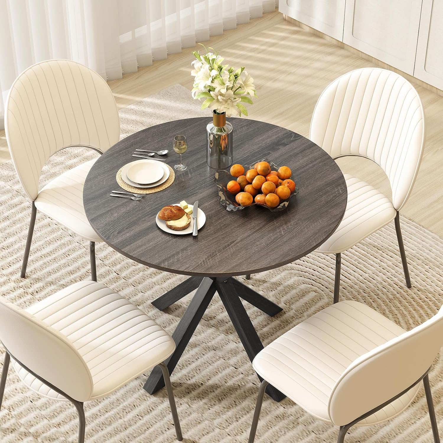 Giantex 36' Round Dining Table for 4, Farmhouse Kitchen Table with Rubber Wood Legs, Adjustable Foot Pads, Dining Room Tables for Dinette, Small Space, Dinner, Living Room, Restaurant