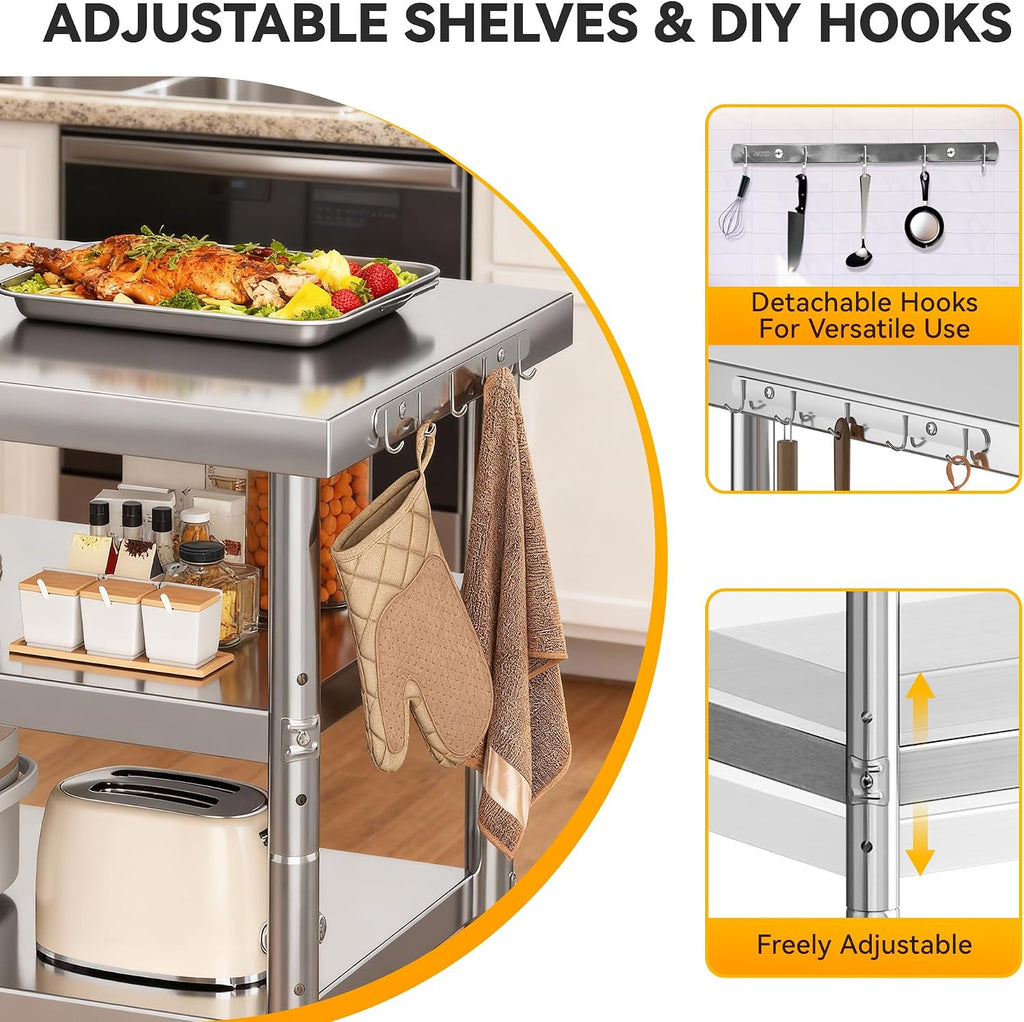 DWVO 36x24in Stainless Steel Table, NSF Metal Prep Worktable with 2 Adjustable Shelves & Wheels for Kitchen Restaurant Hotel Garage Warehouse Home