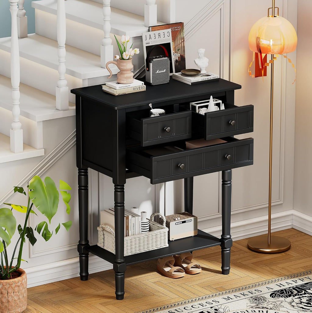 LKTART Solid Wood Sofa Table,Console Table with Drawers and Bottom Shelf, Entryway Hallway Foyer Entry Table for Living Room(23.7' Black)