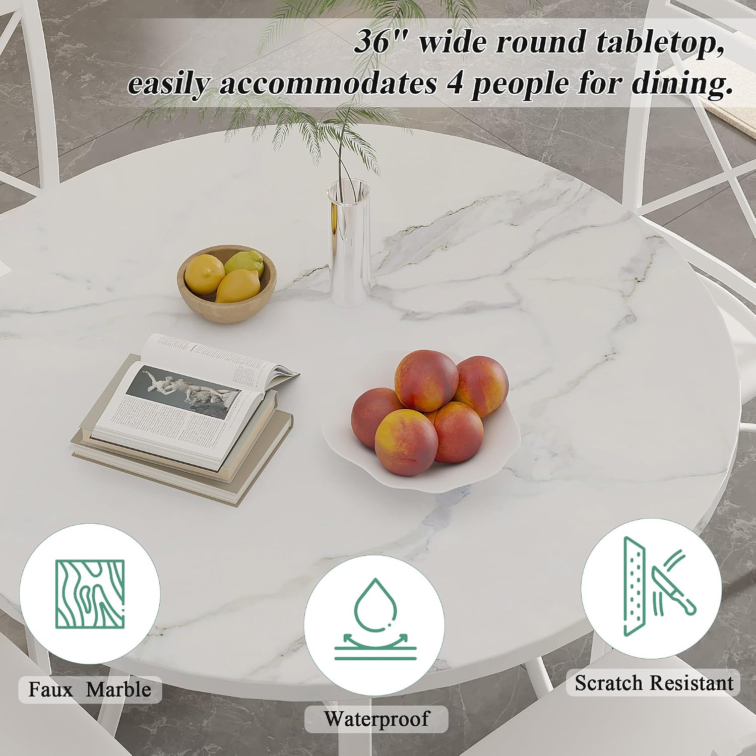 VECELO 5 Piece Dining Table Set for 4, Faux Marble Dinette with Chairs for Kitchen, Breakfast Nook, Small Space, Off White