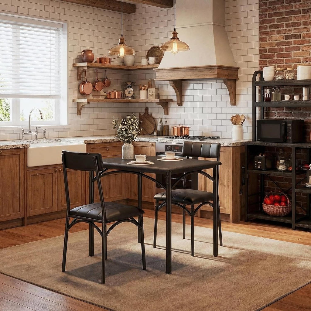 IDEALHOUSE Dining Table Set for 2, Kitchen Table and Chairs for 2 with Upholstered Chairs, 3 Piece Square Kitchen Table Set, Dining Room Table Set for Small Space, Apartment, Retro Black