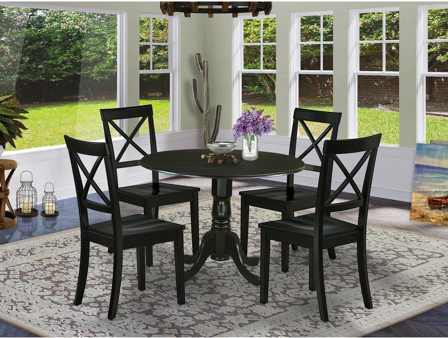East West Furniture DLBO5-BLK-W 5 Piece Dinette Set for 4 Includes a Round Dining Room Table with Dropleaf and 4 Kitchen Dining Chairs, 42x42 Inch, Black