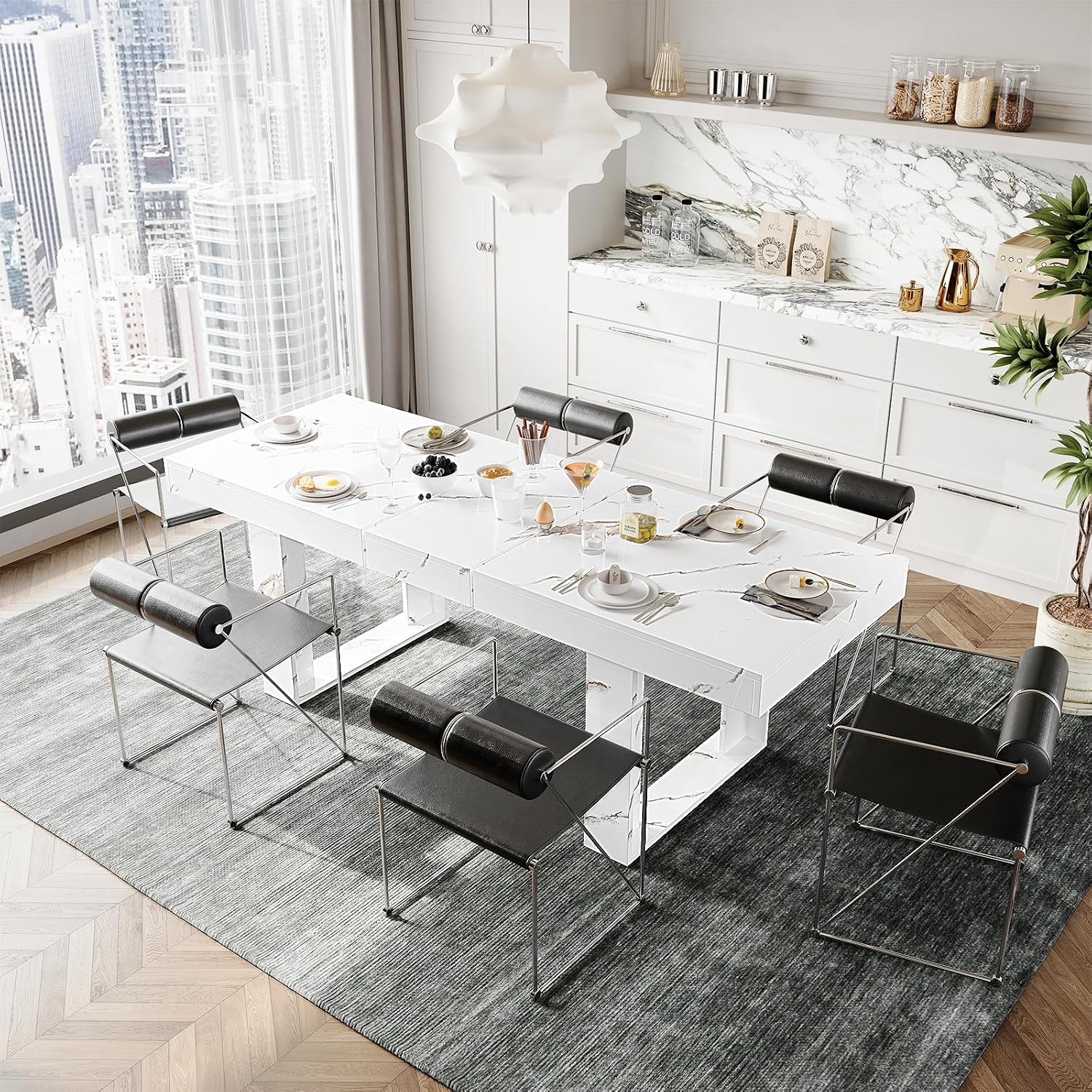 STHOUYN White Marble Extendable Dining Room Table for 8 10, 70.9' (86.6') x 31.5', Rectangle Dinner Table for 6-10, Modern Expandable Retractable Kitchen Table (White)