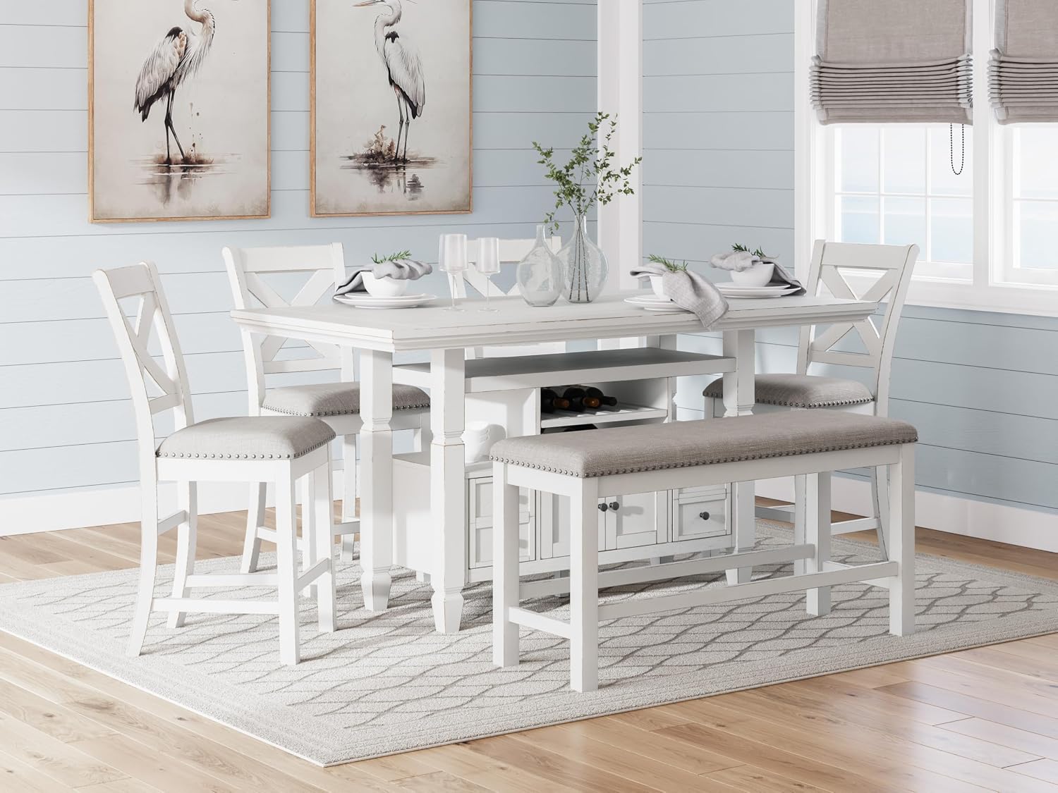 Signature Design by Ashley Robbinsdale Casual Counter Height Dining Table with 10 Bottle Wine Storage, Open Shelves, Drawers and Cabinet, Antiqued White Finish, 36' W x 72' L x 37' H