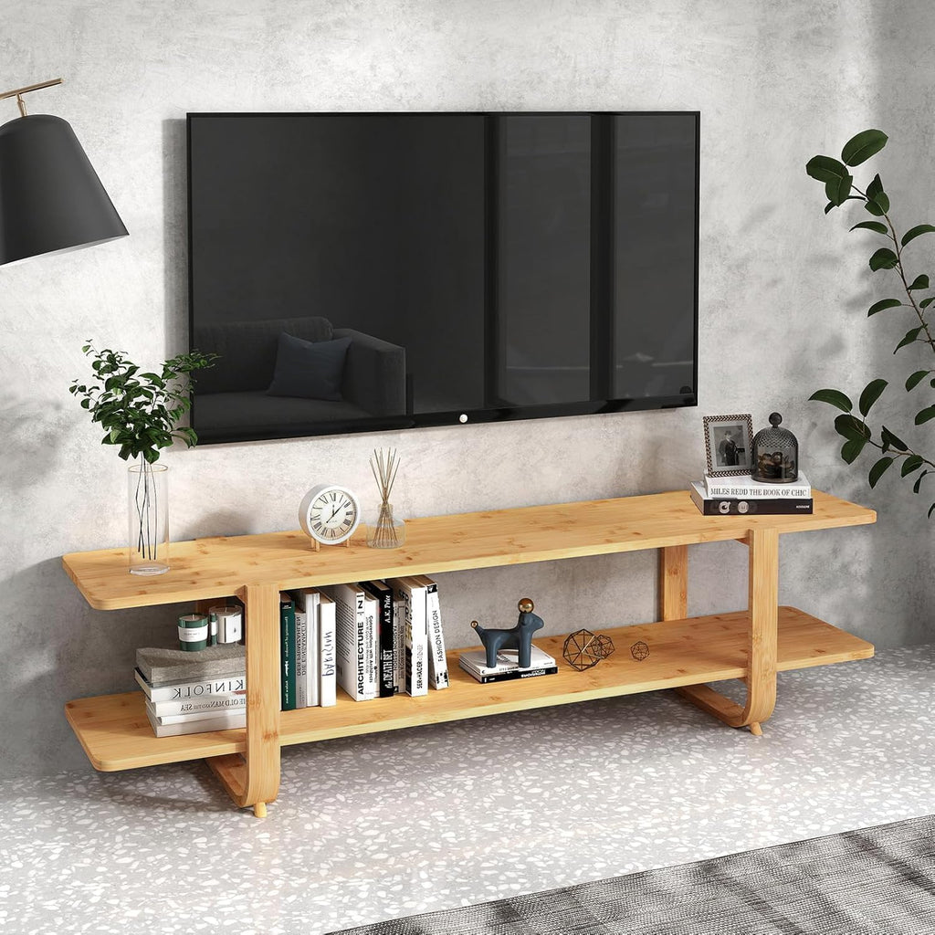 HollyHOME Bamboo TV Stand with Storage for TVs up to 65'', Modern Entertainment Center with 2 Open Shelf, Accent TV Media Console Table for Living Room, Bedroom, 55'(L), Burlywood