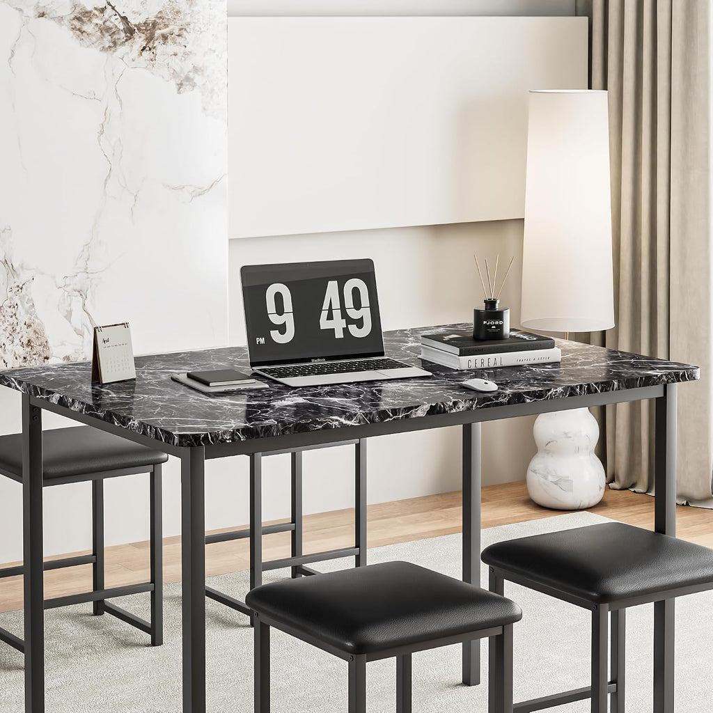 VECELO Kitchen Table and Chairs for 4, Dining Room Set with PU Chairs/Stools, Heavy-Duty Metal Frame, Faux Marble Tabletop, Space-Saving Design for Small Spaces, Easy Assembly, Veined Black