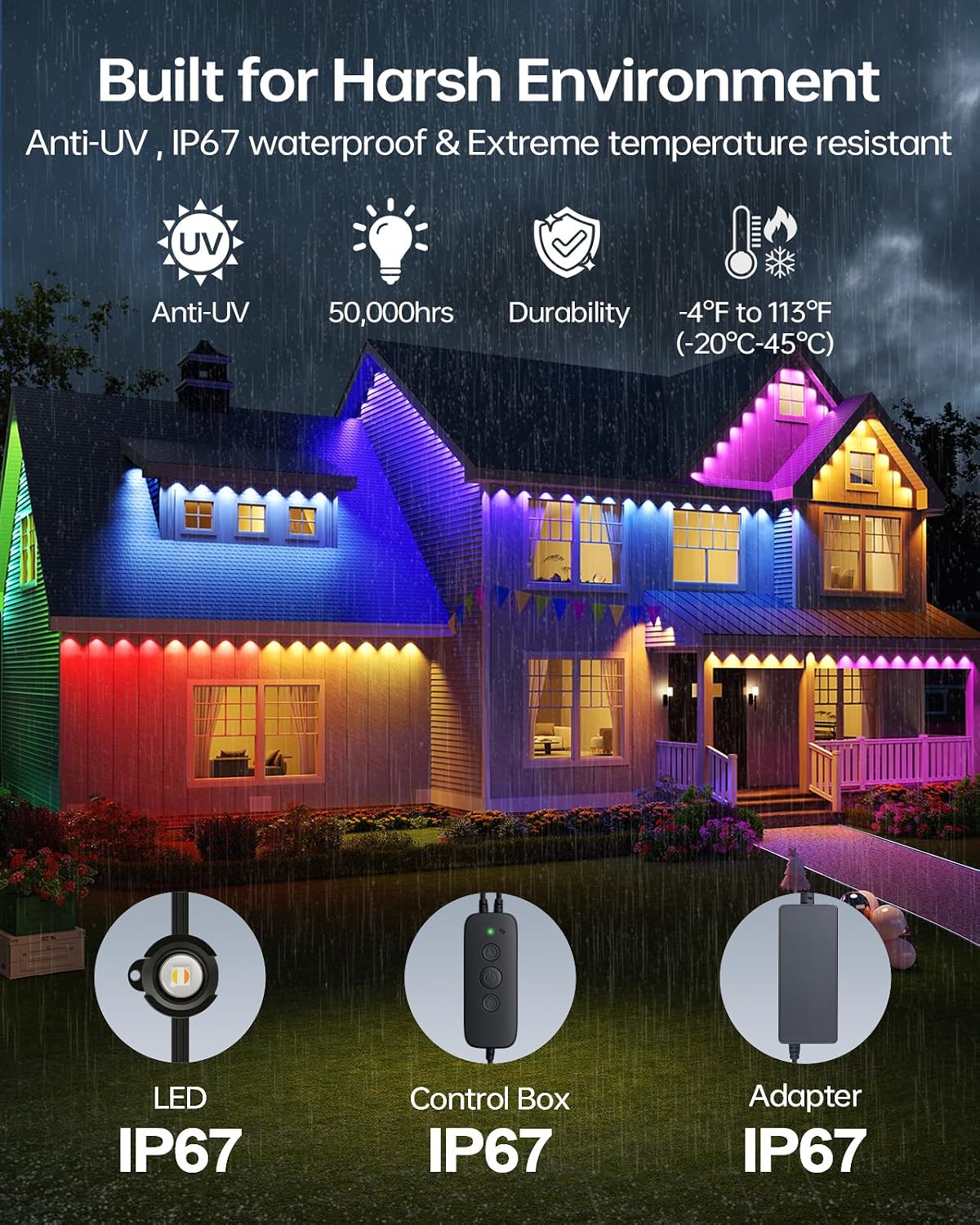 ASAHOM AI Permanent Outdoor Lights S107B, 100FT with 72 RGBCW LED Lights, 30,000 Lighting Effect, Controller with Dual Output, Extend to 800FT, Cuttable for House Outdoor Decor Daily Lighting, Black
