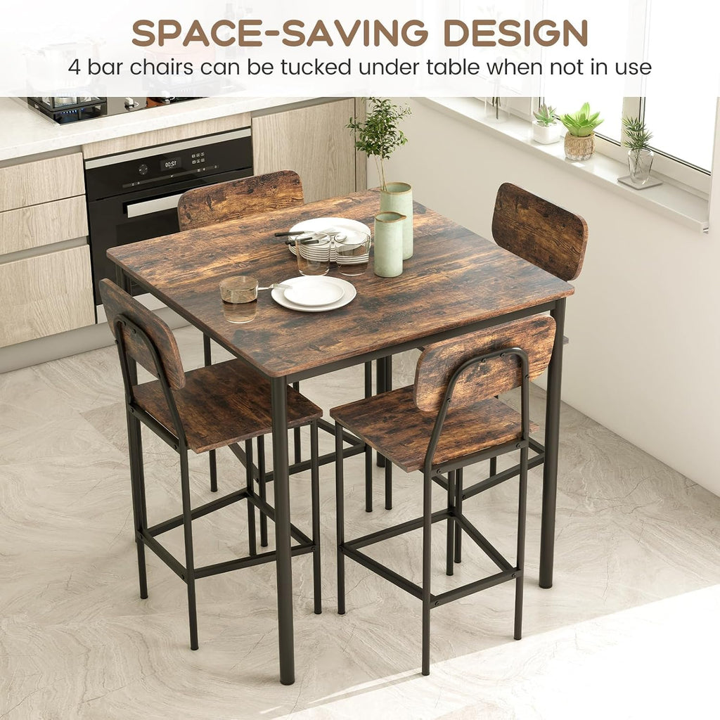 Giantex 5-Piece Dining Table Set W/Counter Height Table & 4 Bar Stools, Industrial Kitchen Dining Set W/Footrest & Backrest, Space-Saving Dinette Set for Pub, Dining Room, Restaurant (Mix Brown)