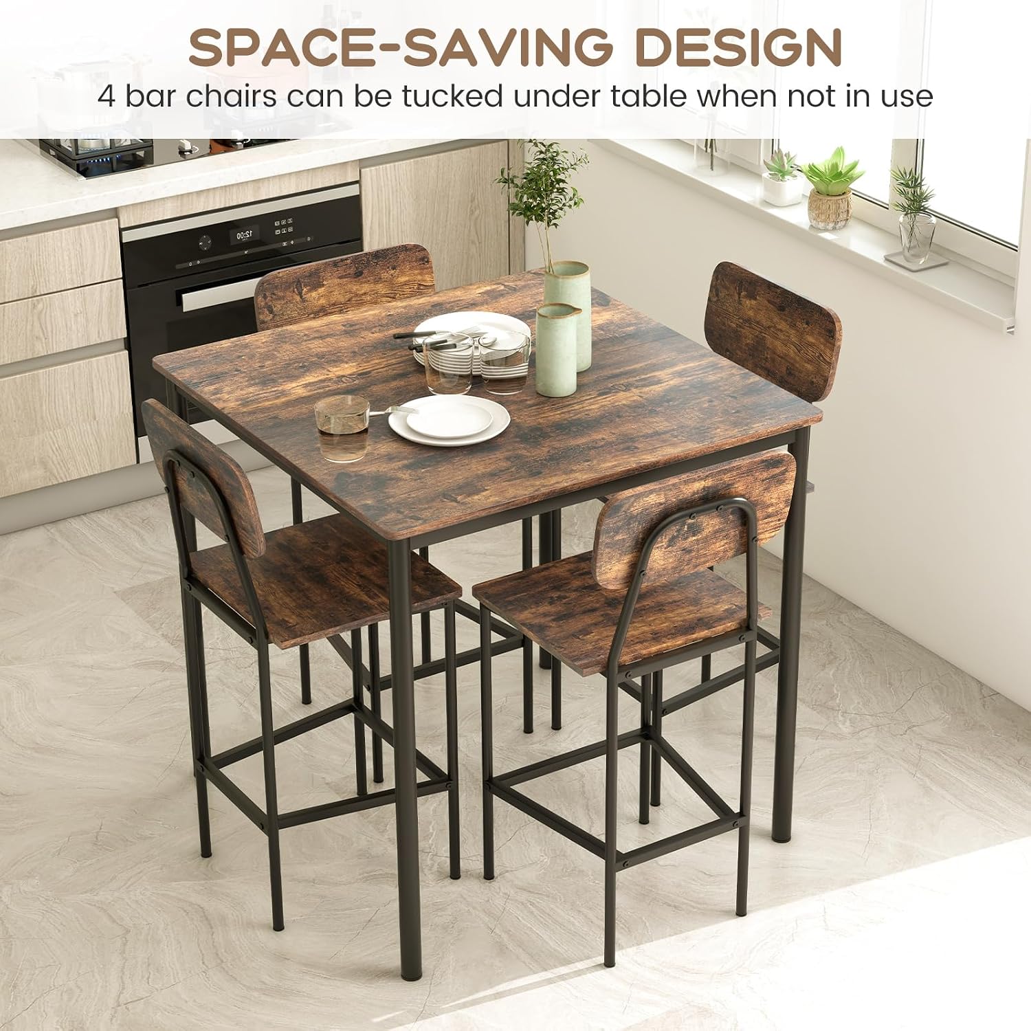 Giantex 5-Piece Dining Table Set W/Counter Height Table & 4 Bar Stools, Industrial Kitchen Dining Set W/Footrest & Backrest, Space-Saving Dinette Set for Pub, Dining Room, Restaurant (Mix Brown)