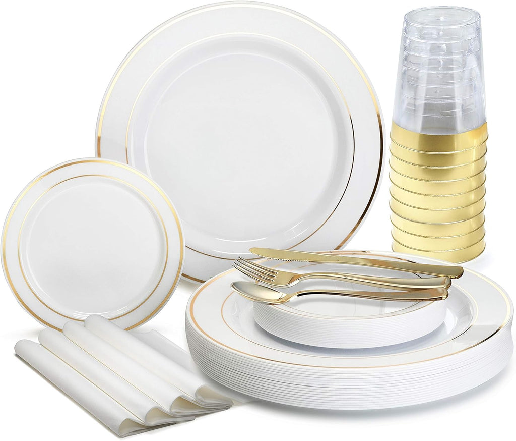 ' OCCASIONS ' 840pcs set (120 Guests)-Heavyweight Wedding Party Disposable Plastic Plate Set-120 x 10.5'' + 120 x 6.25'' + Gold Silverware + Cups + Napkins (White & Gold Rim)