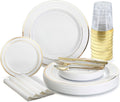 ' OCCASIONS ' 840pcs set (120 Guests)-Heavyweight Wedding Party Disposable Plastic Plate Set-120 x 10.5'' + 120 x 6.25'' + Gold Silverware + Cups + Napkins (White & Gold Rim)