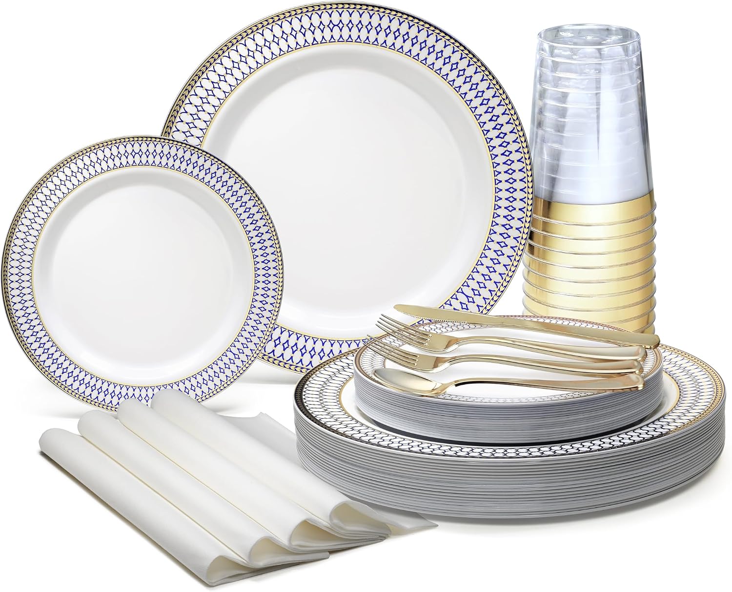 ' OCCASIONS ' 640pcs set (80 Guests)-Heavyweight Wedding Party Disposable Plastic Plate Set -80 x 10.5'' + 80 x 7.5'' + Silverware + Cups + Napkins (Odyssey White/Blue & Gold Rim)