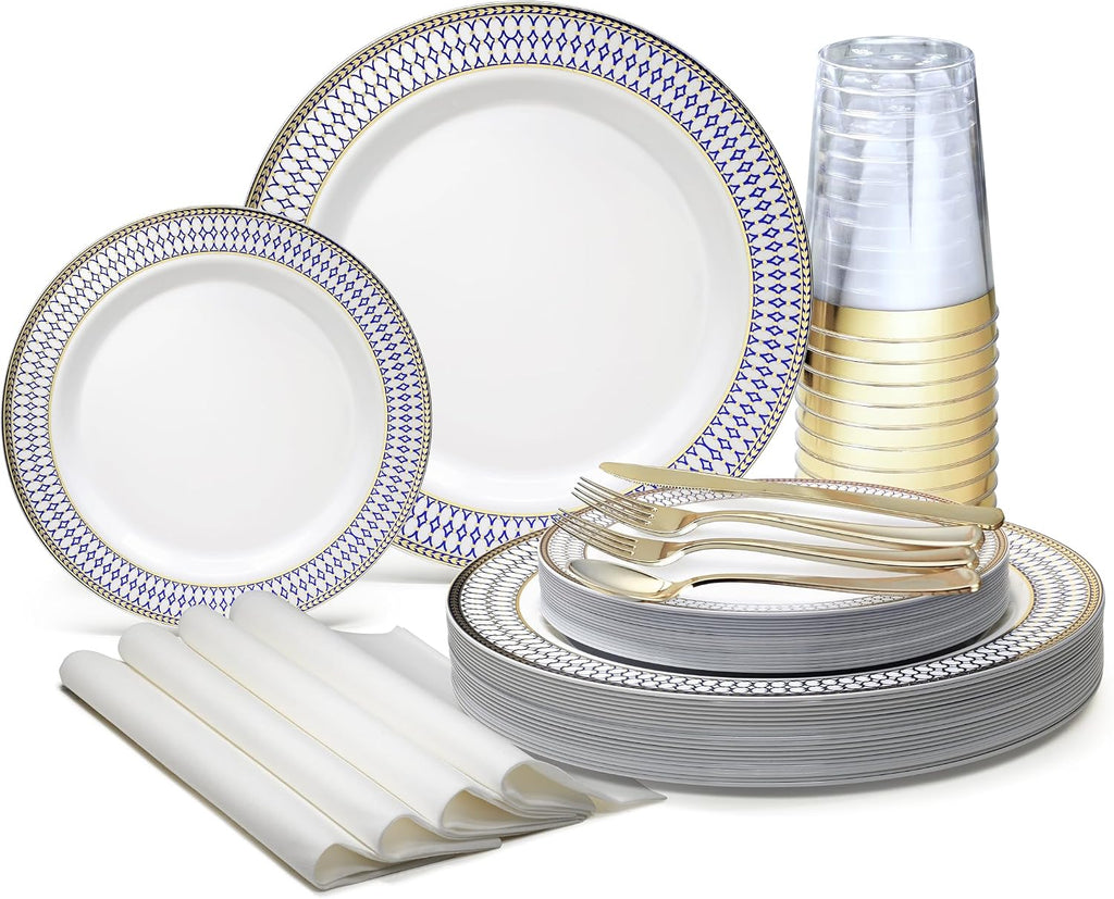 ' OCCASIONS ' 960pcs set (120 Guests)-Heavyweight Wedding Party Disposable Plastic Plate Set -120 x 10.5'' + 120 x 7.5'' + Silverware + Cups + Napkins (Odyssey White/Blue & Gold Rim)
