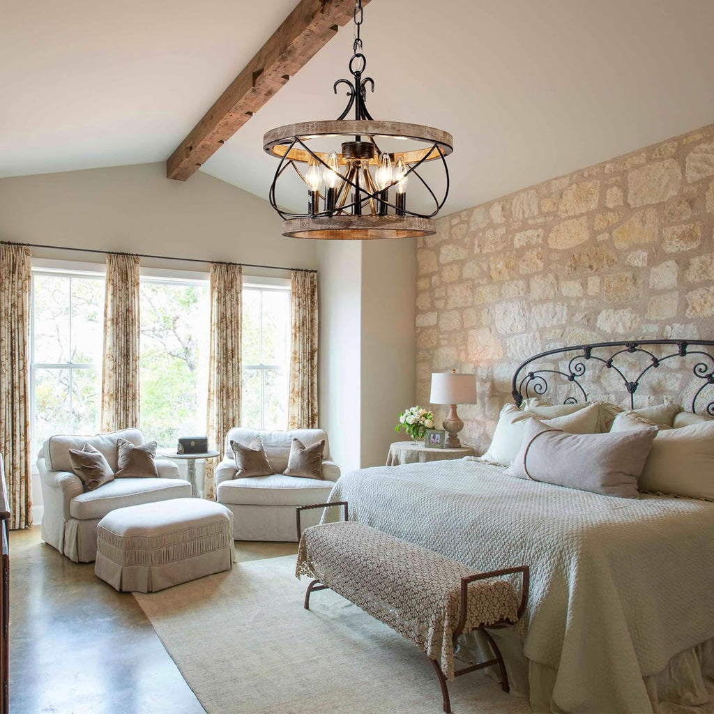 20' Farmhouse Chandelier, Rustic Drum Chandelier Light Fixture Over Table, 5-Light Pendent Light for Dining Room Vintage Wood Chandelier for Bedroom Hanging Lamp for Kitchen
