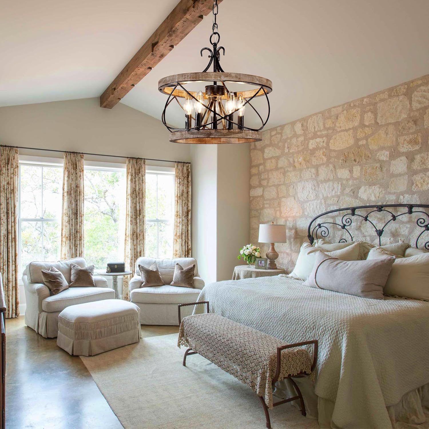 20' Farmhouse Chandelier, Rustic Drum Chandelier Light Fixture Over Table, 5-Light Pendent Light for Dining Room Vintage Wood Chandelier for Bedroom Hanging Lamp for Kitchen