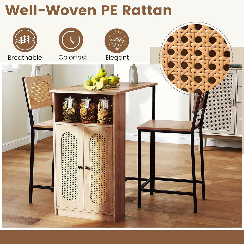 Giantex 3-Pcs Boho Rattan Dining Table Set for 2, Counter Height Bar Table with Storage Cabinet, Adjustable Shelf, 2 Bar Stools for Small Spaces, Dinette, Breakfast, Kitchen, Living Room, Apartment