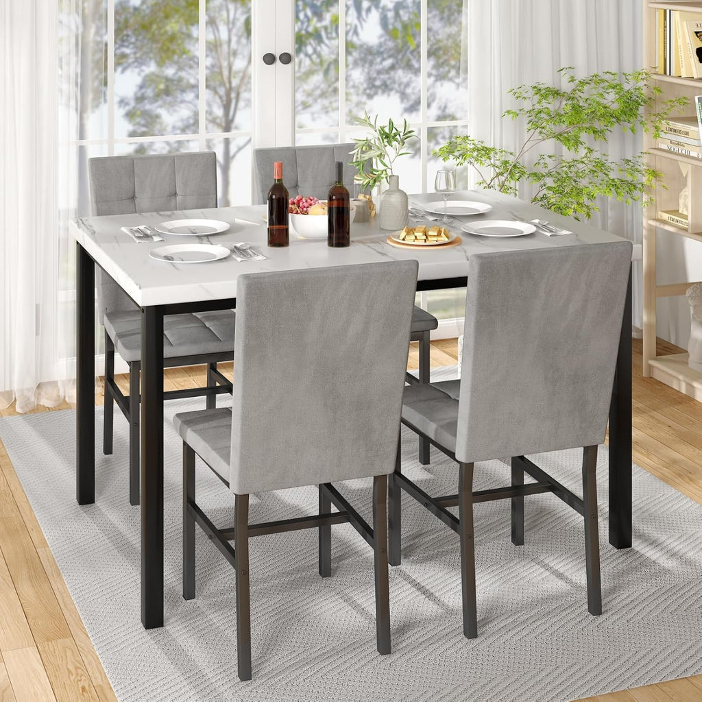 Hooseng Dining Room Table Set 5 Piece Dining Table Set Marble Dining Table 4 Chair Dining Table Set for Kitchen Living Room Breakfast Small Spaces (White & Grey)
