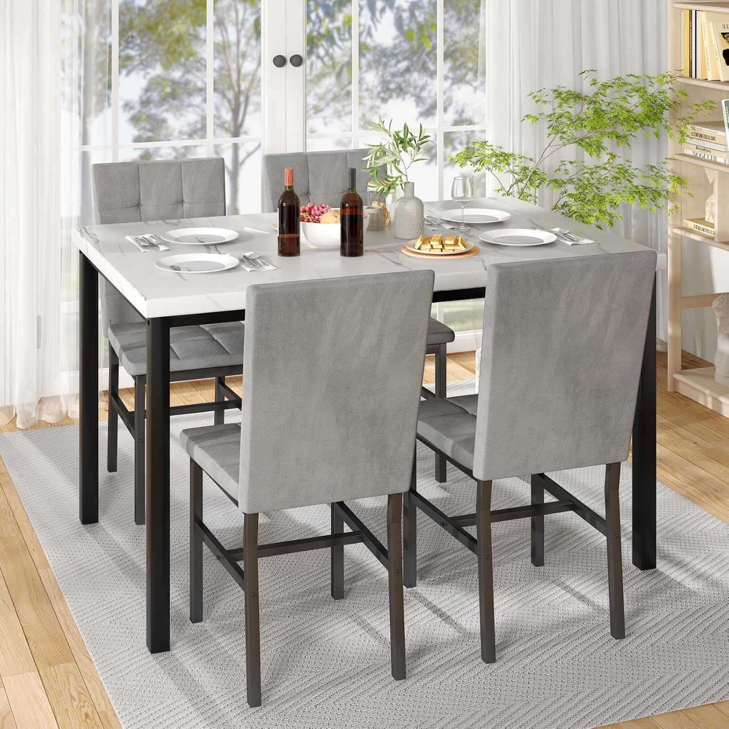 Hooseng Dining Room Table Set 5 Piece Dining Table Set Marble Dining Table 4 Chair Dining Table Set for Kitchen Living Room Breakfast Small Spaces (White & Grey)
