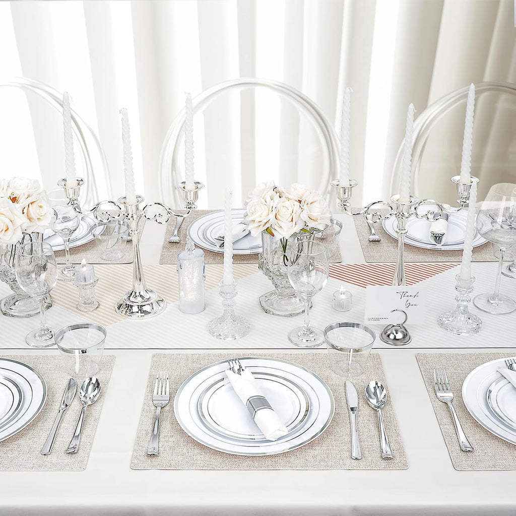 700 PCS White and Silver Plastic Dinnerware Set for 100 Guests, 200 Disposable Plates for Party, 100 Pre Rolled Napkins with Silver Silverware, 100 Cups