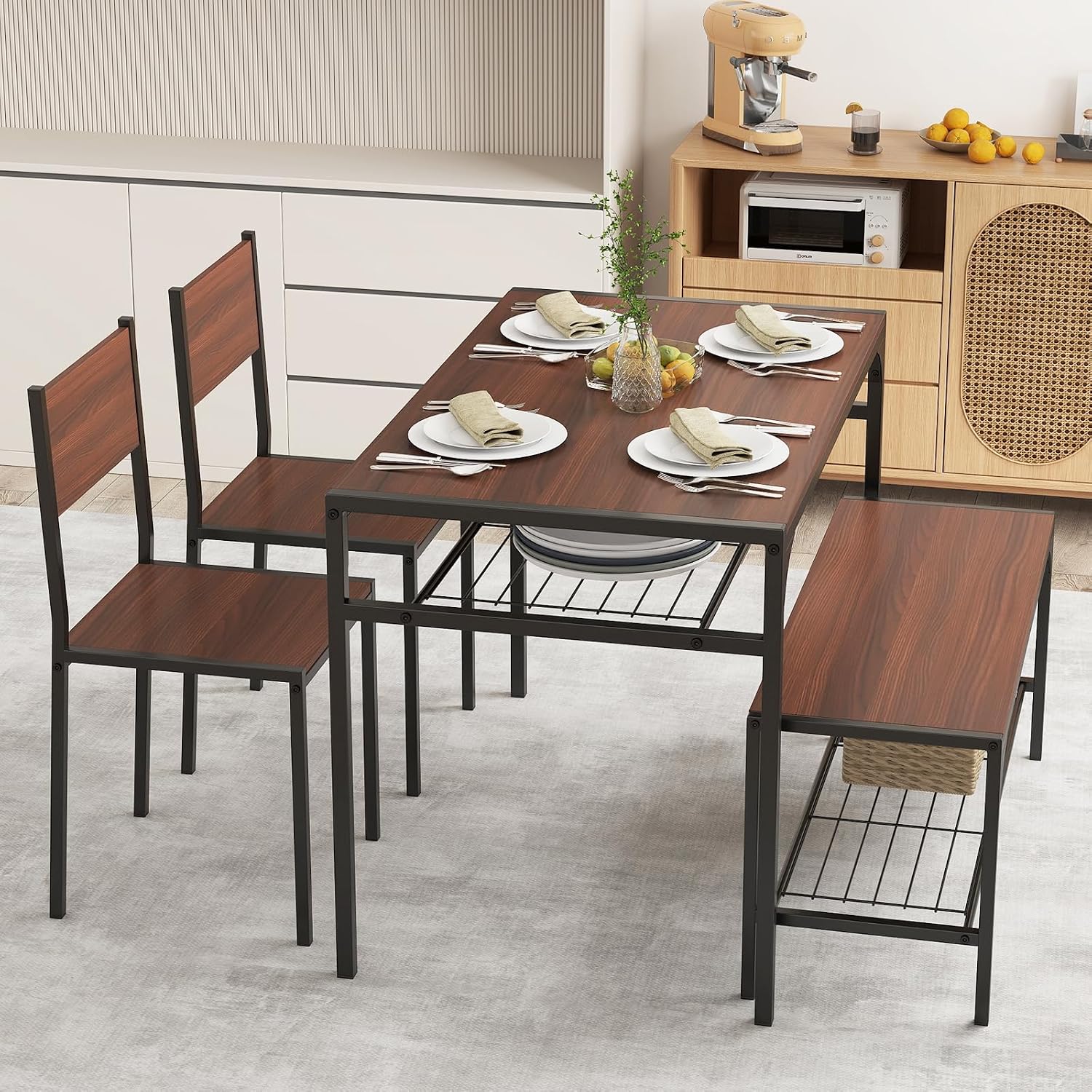 COSTWAY 4 Pieces Dining Table Set, Kitchen Table and 2 Chairs for 4 with Bench, Storage Racks, Metal Frame & Space-Saving Design, Industrial Kitchen Table Set for Small Space, Apartment (Walnut)