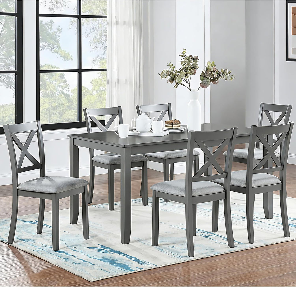 Harper & Bright Designs Modern 7-Piece Dining Set,58.5' Solid Wood Table & 6 Padded X-Back Style Chairs, Grey for Kitchen/Dining Room, 6-Person Seating
