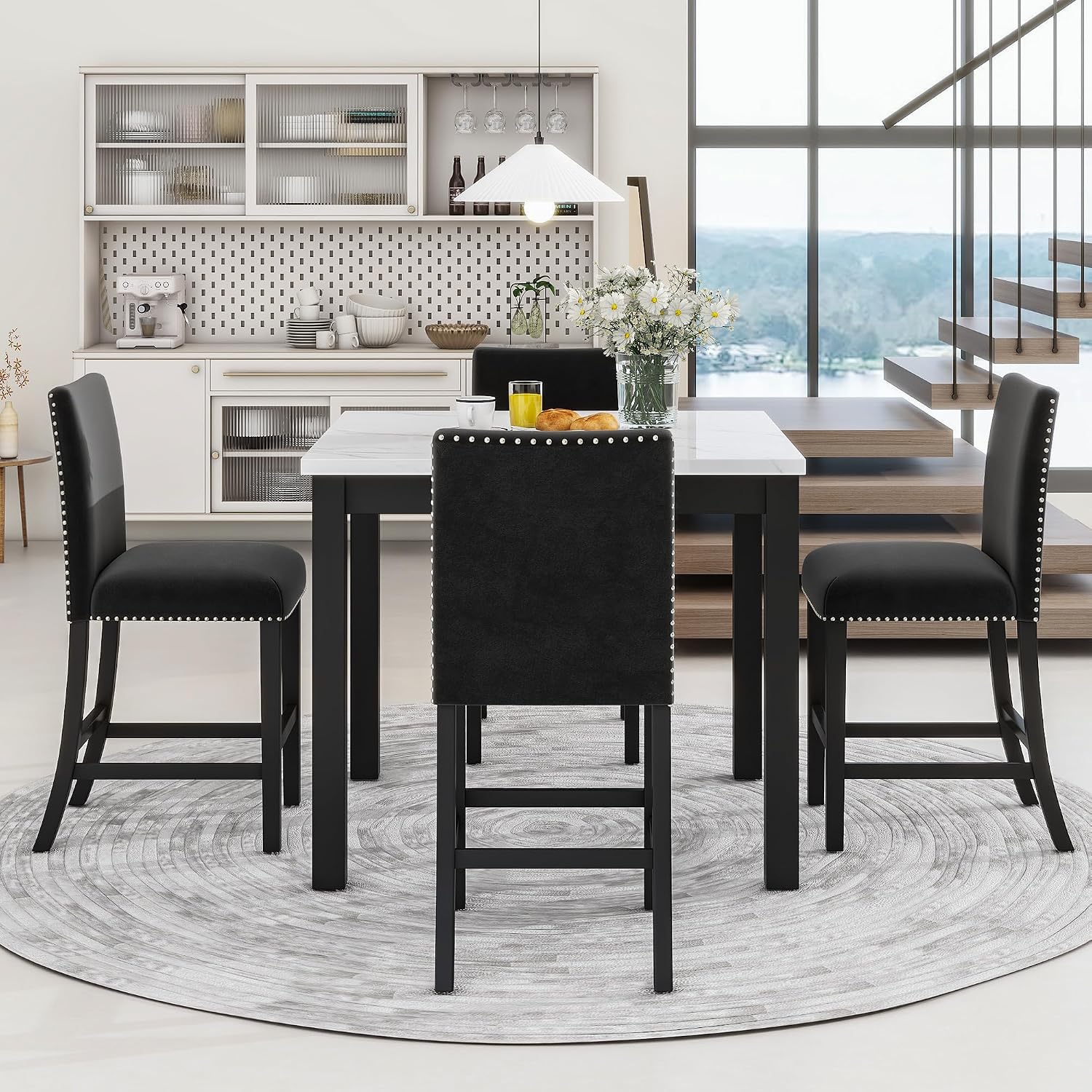 Merax Dining Table Set for 4, Counter Height Kitchen Table with Faux Marble Dining Table and 4 Upholstered-Seat Chairs, 5 Piece Dining Room Set, Black