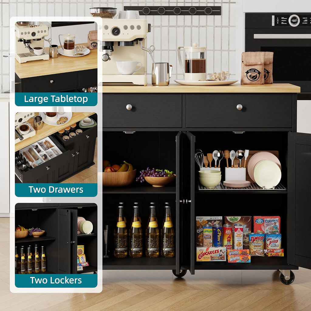 Shintenchi Kitchen Island with Drop Leaf, Rolling Kitchen Cart with Storage on Wheels, Table Bar Cart for Kitchen with Towel Rack & Seating Area for Dining Room, Black