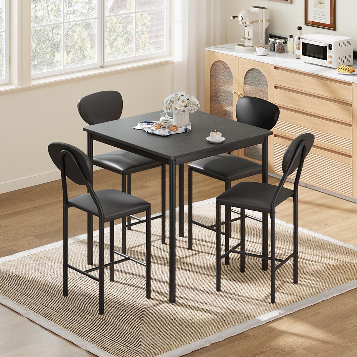 EROMMY Dining Table Set for 4, Modern Kitchen Table and Chairs with PU Leather Upholstery, Wood Dining Table with Chairs for Small Space, Dining Room, Gray