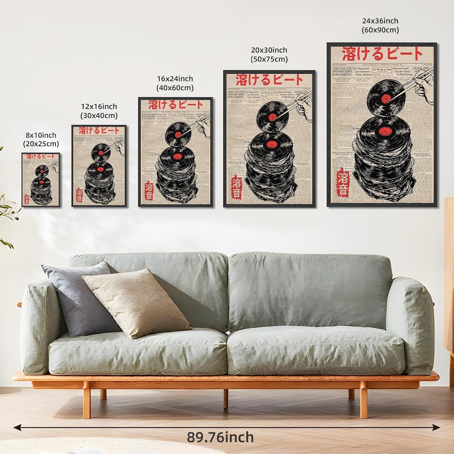 RINMFEO Japanese Retro Music Canvas Art Vintage Melting Vinyl Record Newspaper Print Abstract Beat Poster Funny Aesthetic Wall Decor For Home Bedroom Dorm 24x36inch Black frame