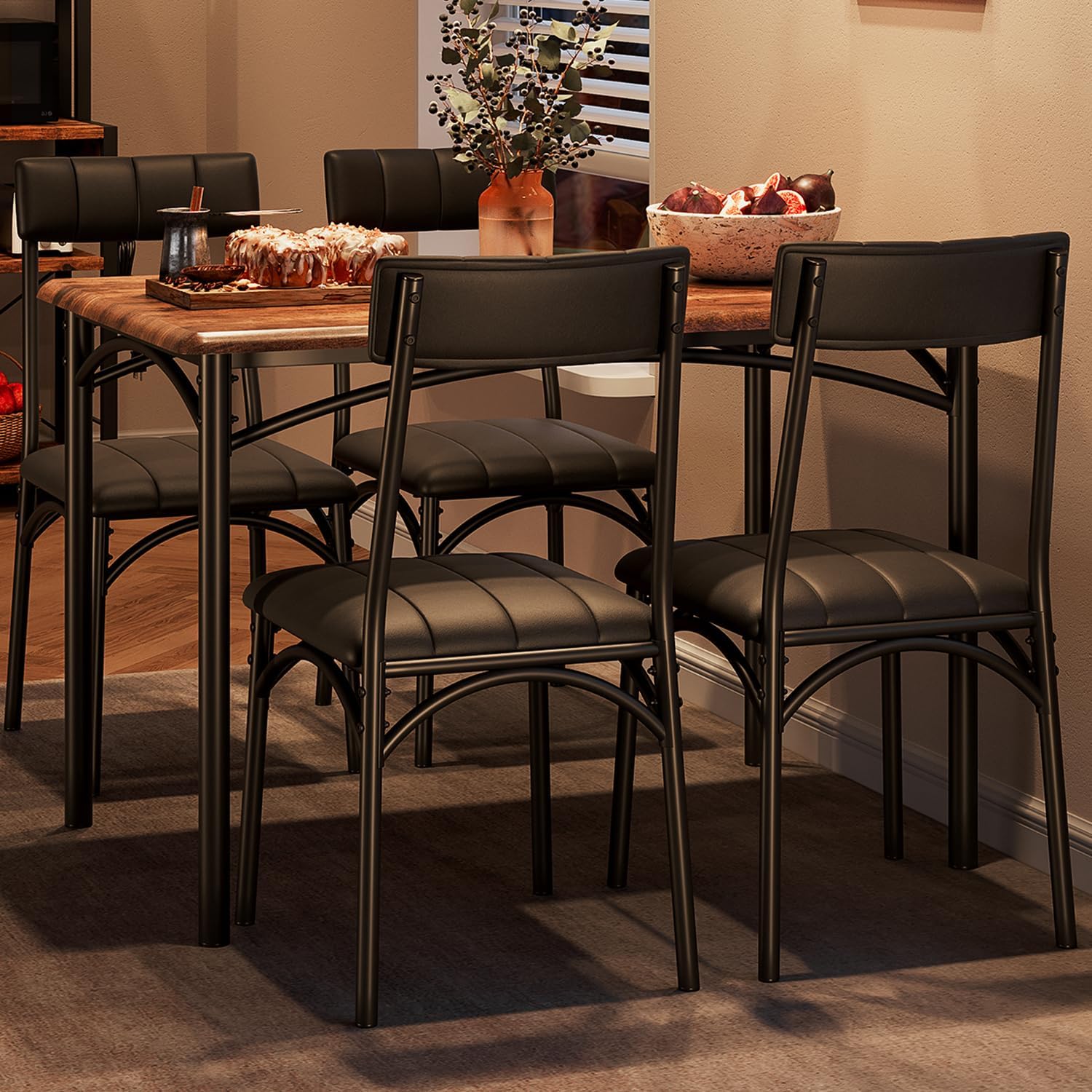 GarveeHome Dining Table Set for 4, Kitchen Table with 4 Upholstered Chairs, Wood Rectangular Dining Table and Chairs Set, for Small Space, Apartment, Dinner, Rustic Brown