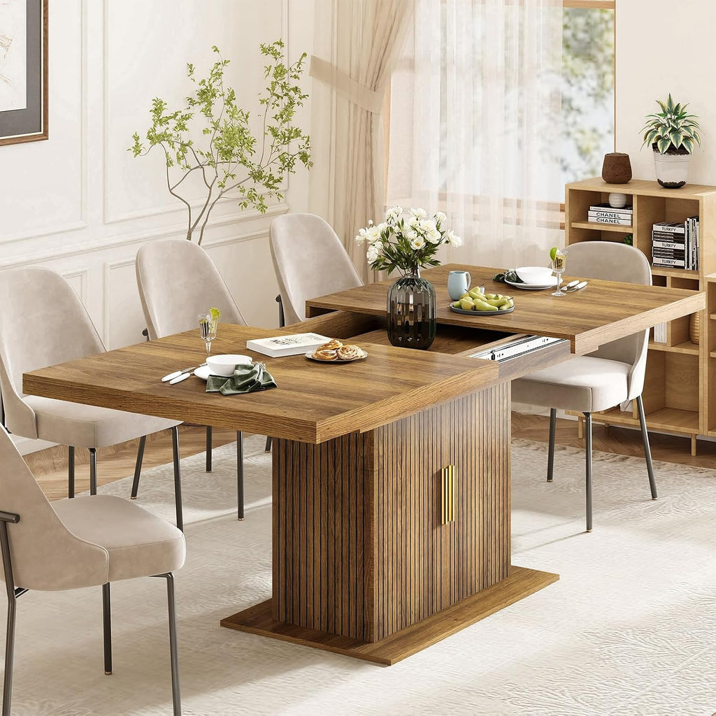 Zevemomo 62.99'-78.74' Expandable Dining Table with Storage, Extendable Dining Table for 6-10 People, Extra Hidden Storage for Tableware & Wine, Modern Farmhouse Table for Kitchen Living Room-Brown